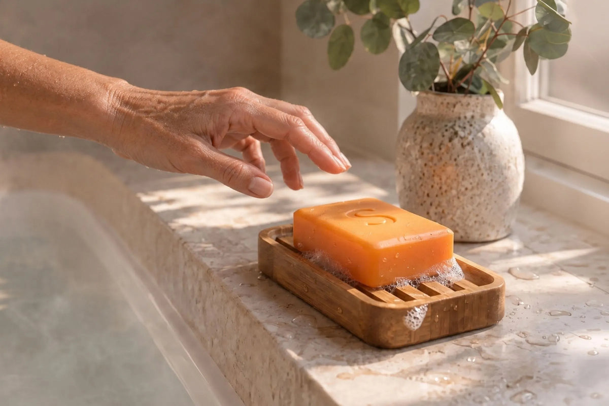 Swarva persimmon soap bar on a bamboo dish beside a bath in morning light