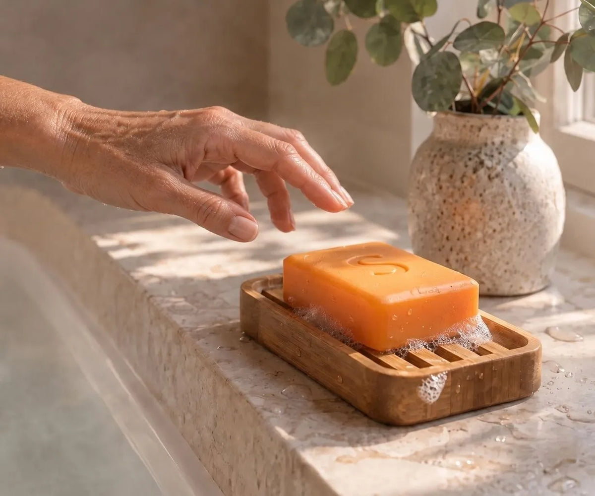 Swarva persimmon soap bar on a bamboo dish beside a bath in morning light